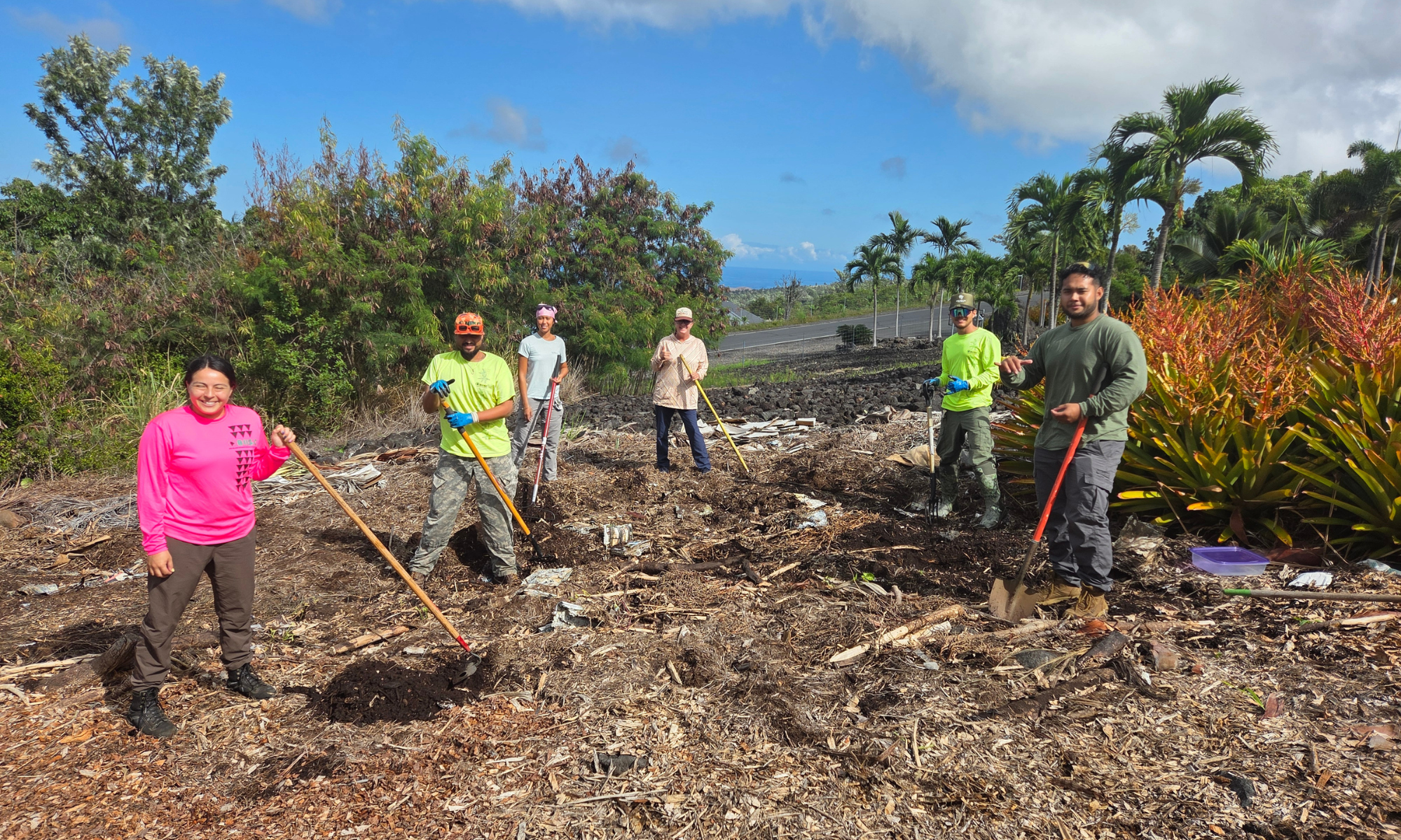 staff with shovels and rakes sifting through mulch for crb
