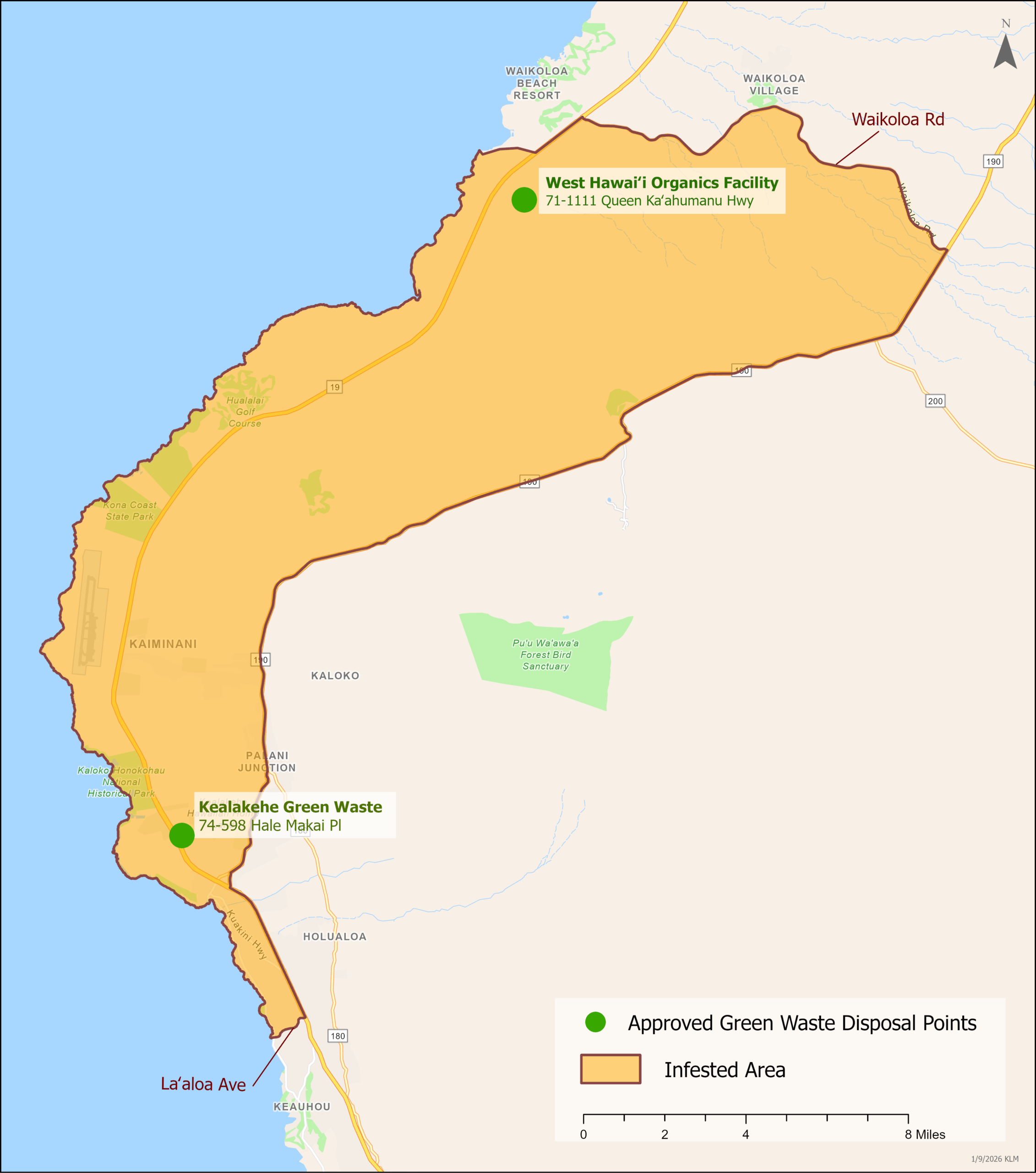 map of the designated infested area in Kona which stretches from Laaloa Ave in the South and streatches from the top road in Kona downw to the coast and northerly towards waikoloa beach road.
